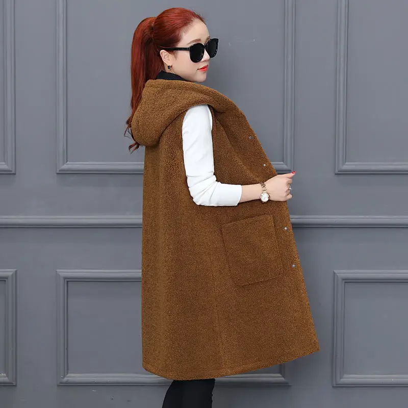 caramel colour Длинный хлопковый жилет, женский осенний зимний толстый жилет из овечьей шерсти, Женская куртка Colete Feminino, жилет с капюшоном, теплая верхняя одежда C4607 - Цвет: caramel colour