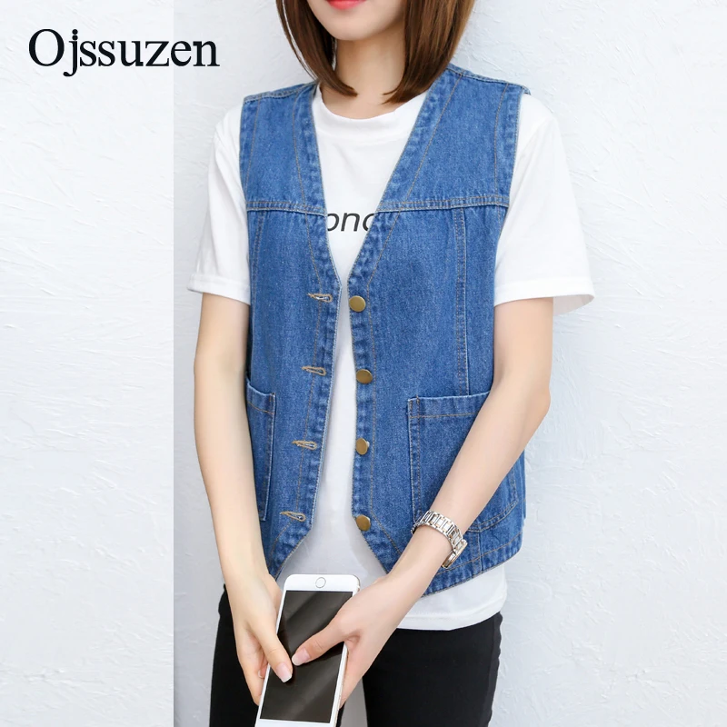 Женский джинсовый жилет Женская куртка без рукавов с V-образным вырезом и