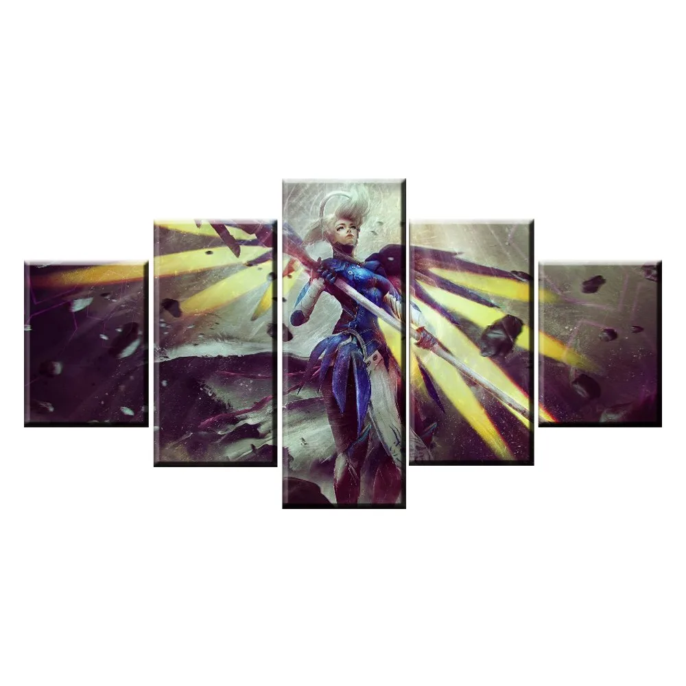 

5 Panel Overwatch Mercy Game Canvas Printed Painting For Living Room Wall Art Home HD Decor Picture Artworks Modern Poster