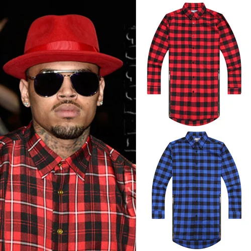 Модная мужская клетчатая рубашка на молнии с длинным рукавом в стиле хип-хоп