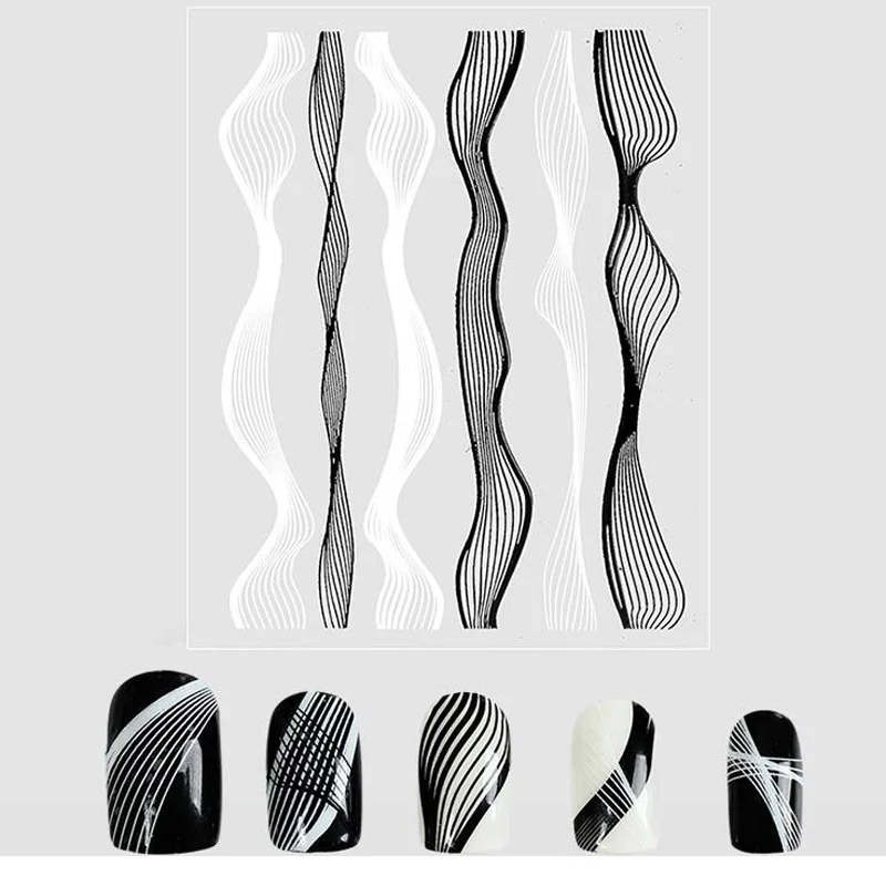 Black White Addfavor 3D металлические наклейки для ногтей, выдалбливают металлические волнистые линии, серебряные наклейки для дизайна ногтей, обертывание, украшение для маникюра - Цвет: Black White