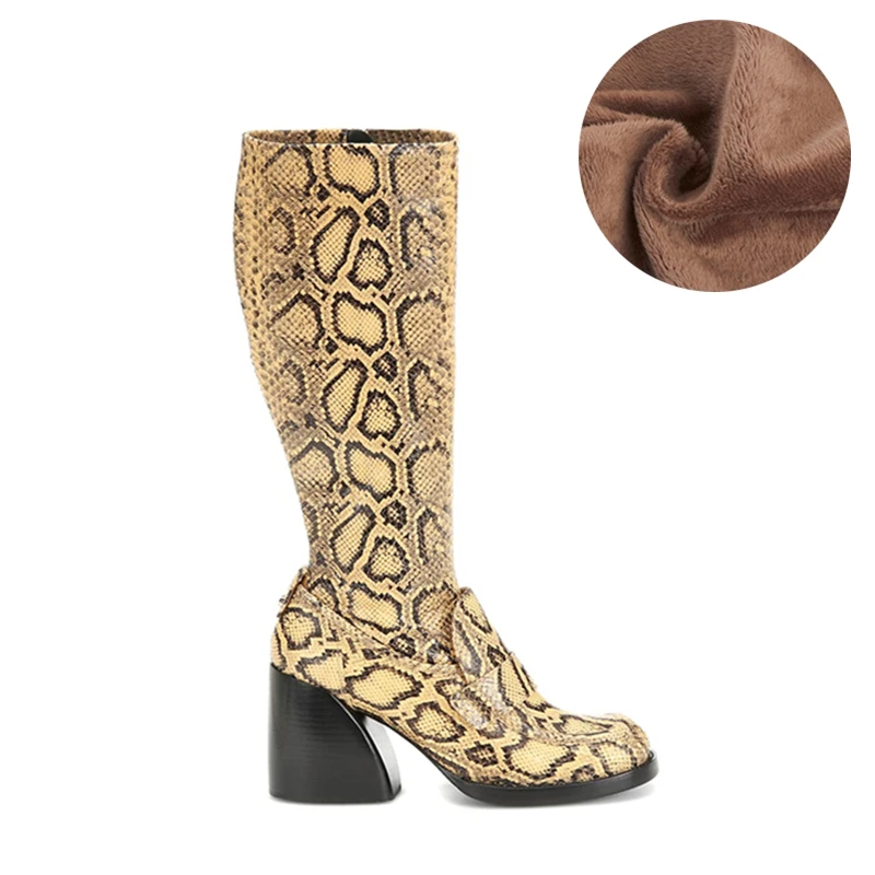 long plush lining Buono Scarpe/женские ботинки с животным принтом; кожаные женские ботинки; Botas Fenimina; женские ботинки на массивном каблуке со змеиным принтом; Botas Mujer - Цвет: long plush lining