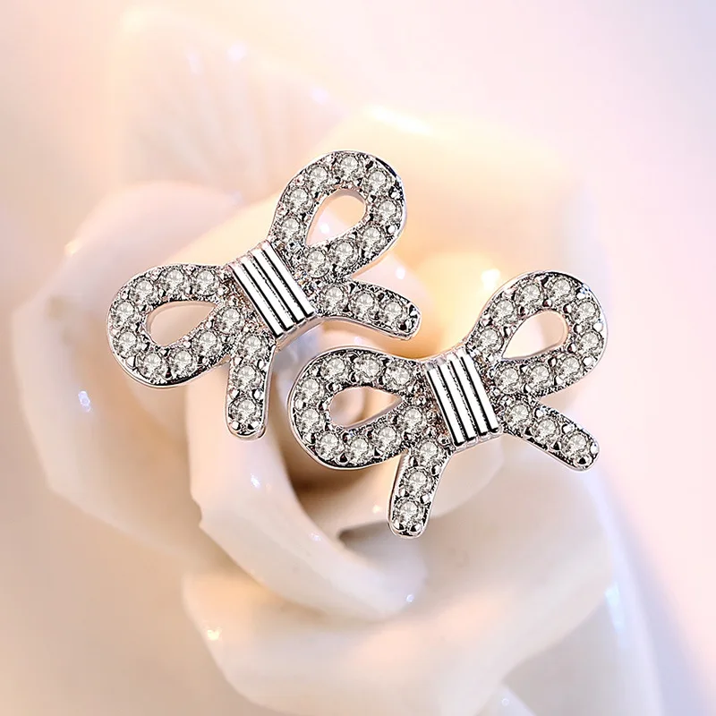 

100% 925 sterling silver fashion bowknot crystal ladies stud earrings women jewelry female gift drop shipping cheap
