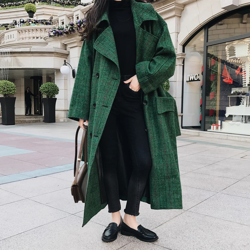 Женское двубортное пальто Notech длинное зеленое повседневное большого размера C790