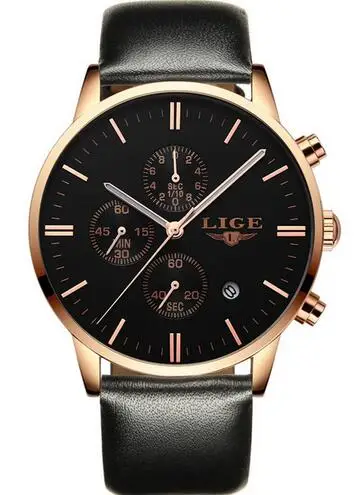 Gold black LIGE мужские повседневные модные кварцевые часы с кожаным ремешком для мужчин, спортивные часы для мужчин, мужские часы от ведущего бренда, Роскошные автоматические часы с хронографом и датой - Цвет: Gold black