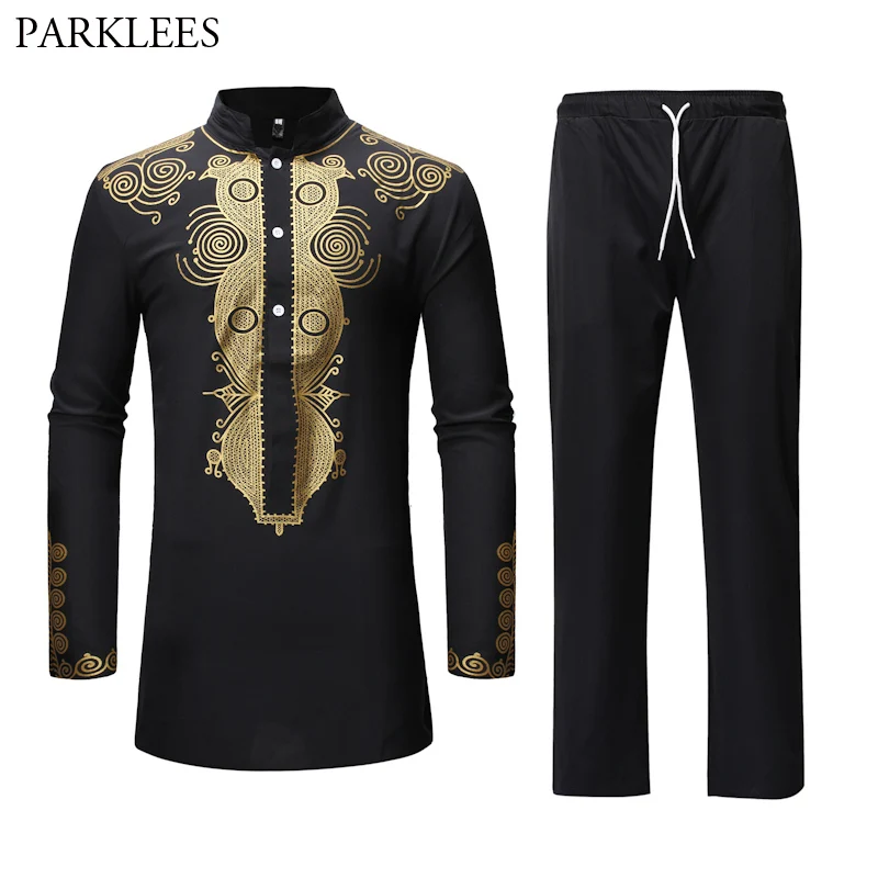 

Black Mandarin Collar Top Pant Set Africa Clothing 2019 Brand New African Dashiki Print 2 Pieces Outfit Set African Men Clothes