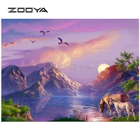 zooya diamond embroidery diy diamond painting sunset mountain lake 2 horses diamond painting cross stitch rhinestone mosaic bk82