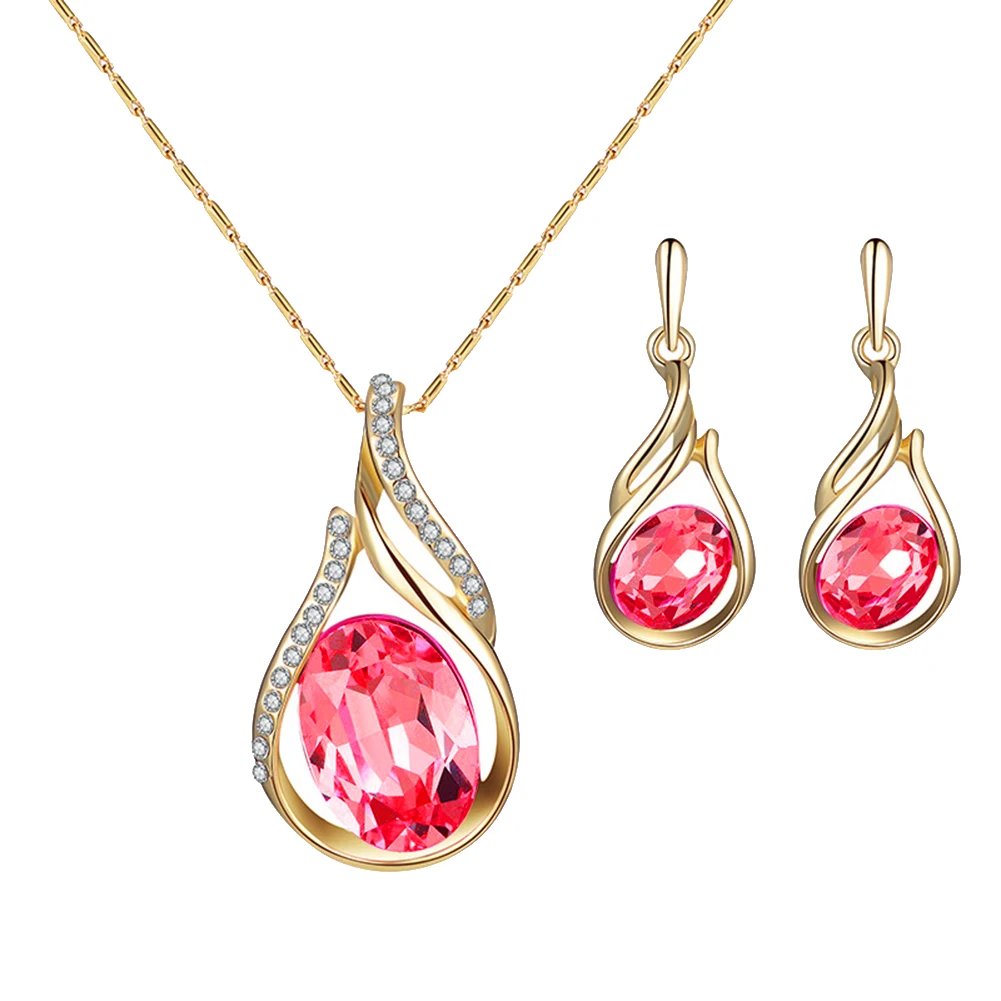 Women Rhinestone Oval Faux Quartz Pendant Ear Stud Earrings Necklace Jewelry Set party engagement New | Украшения и аксессуары
