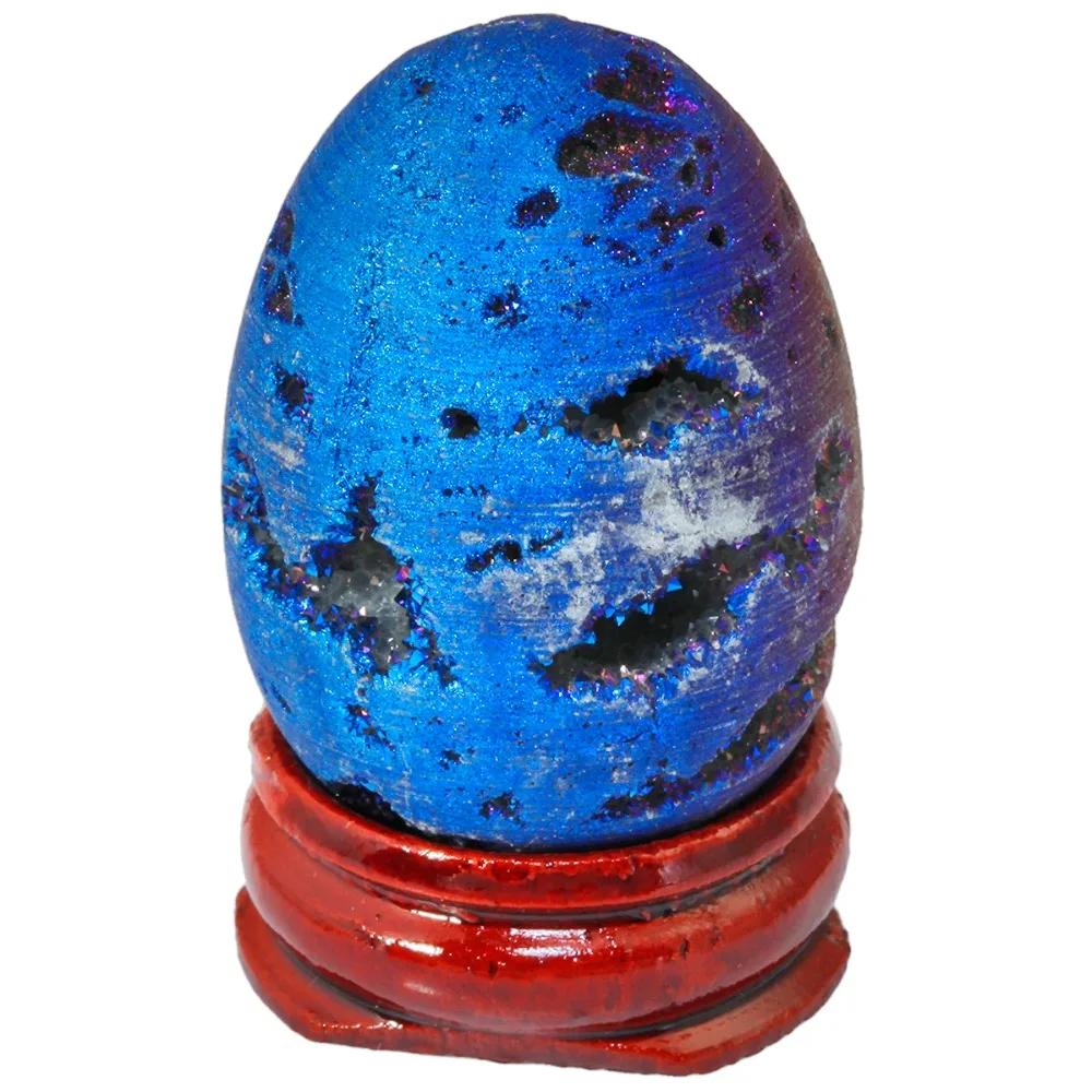 

TUMBEELLUWA Blue Titanium Coated Druzy Geode Sphere,Crystal Quartz Agate Egg 40x30mm,Sculpture Figurine with Wood Stand