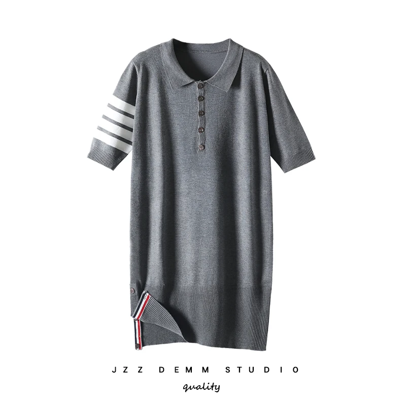 

Summer 2021 new jzTB knitted dress polo loose straight tube short sleeve long striped Baoluoqun