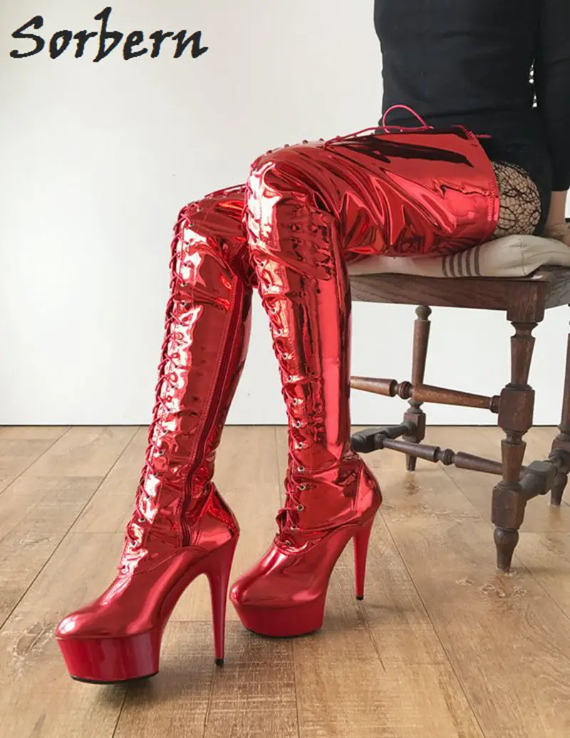 

Sorbern Extreme Long Boots 80Cm Shalft Length Metallic Red 15Cm High Heel Women Platform Shoes Crotch Thigh High Heel Boots