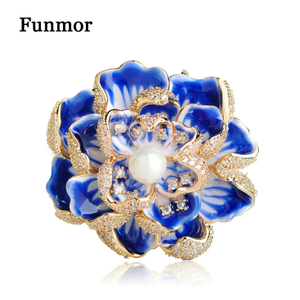 

Funmor Luxury Cubic Zircon Flower Brooches For Women Men Gifts Imitation Pearls Copper Wedding Bouquet Peony Hijab Pins Broaches