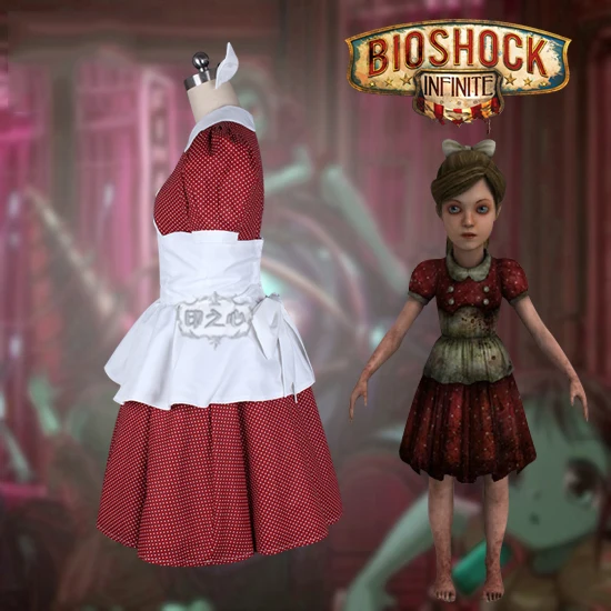 Аниме! BioShock Infinite маленькая сестра красный горошек платье горничной красивая форма косплей костюм на хэллоуин