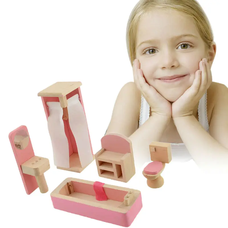 

Pink Color Wooden Doll Bathroom Furniture Toy Doll house Miniature For Kids Child Play Toy Educational Toy Wooden Toys
