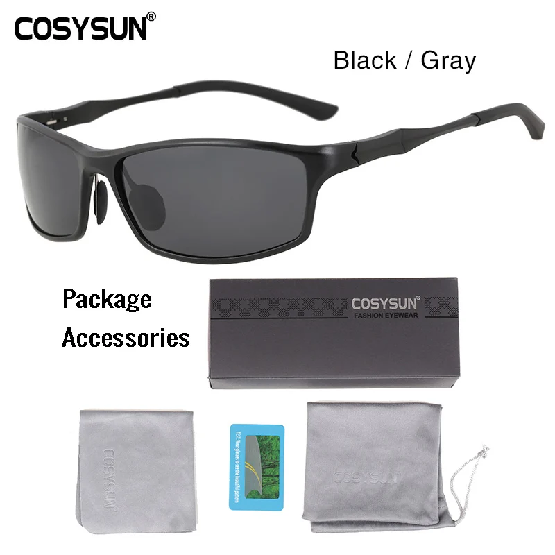 COSYSUN Солнцезащитные очки Мужские алюминиевые поляризованные солнцезащитные очки мужские спортивные солнцезащитные очки Брендовые Дизайнерские мужские солнцезащитные очки Oculos masculino - Цвет линз: Black Gray Brief PKG