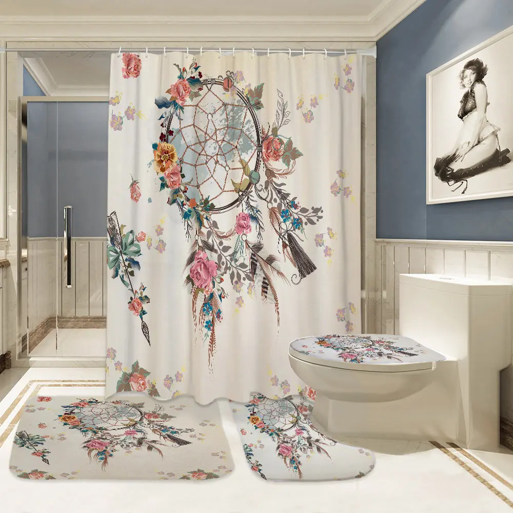 4pcs Curtain Mat Set Miracille Ловец снов современные занавески для душа полиэстер водонепроницаемый цветы для ванной s Нескользящие коврики Туалет крышка крышки наборы - Цвет: 4pcs Curtain Mat Set