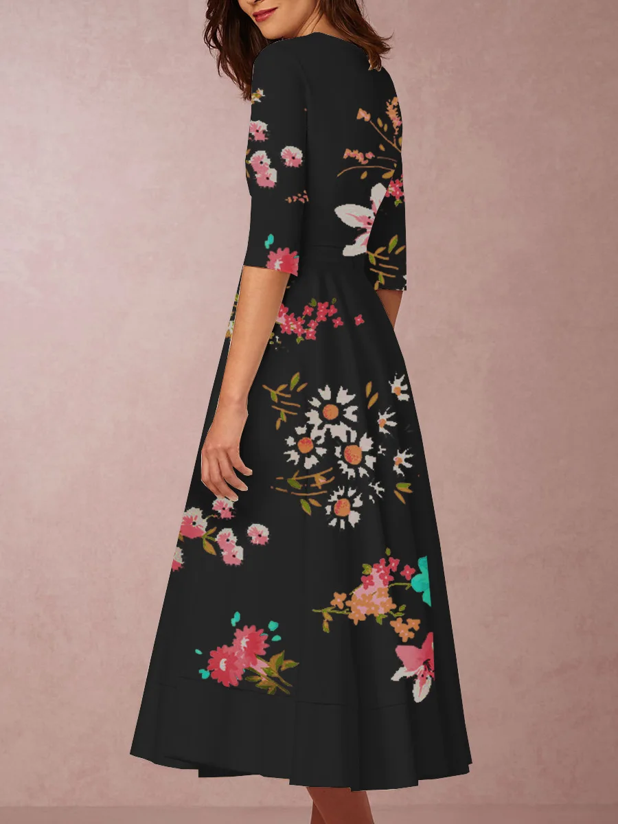 Женское Цветочное платье макси офисное с V-образным вырезом и средним рукавом в