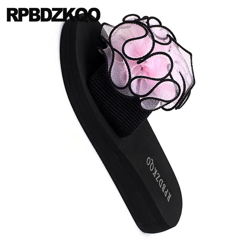 Flower Slippers Sandals Large Size Big High Heel Ladies Wedge Fashion Wide Fit Shoes Flatforms Pink Women Summer Low Slides Plus | Обувь