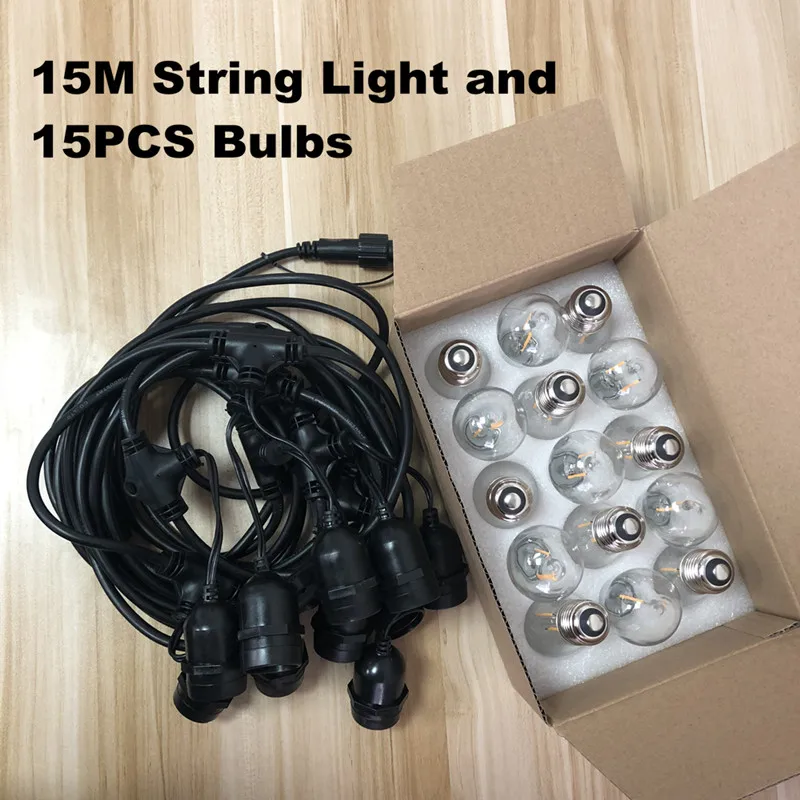 String and 15Bulbs VNL IP65 15 м 15 лампочек светодиодный S14 струнный светильник s E27 светодиодный Ретро лампа накаливания Эдисона наружный светильник для сада, патио, праздника, свадьбы - Испускаемый цвет: String and 15Bulbs