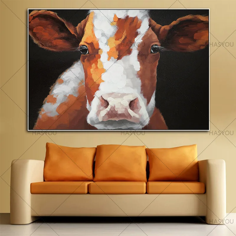 Hand Painted Modern Animal Oil Painting On Canvas cow Cartoon oil painting Wall Art wall decor For Living Room restaurant cafe | Дом и сад