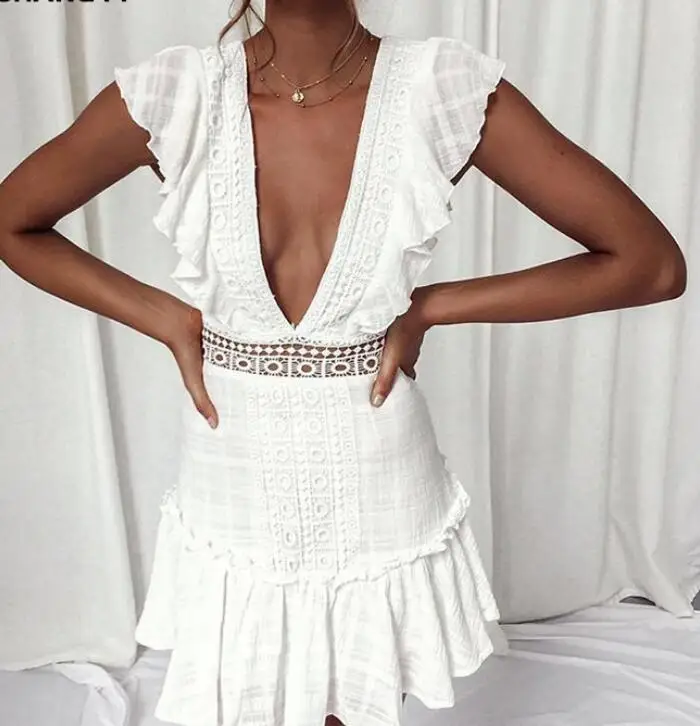 Осень 2019 винтажное белое кружевное женское платье с глубоким v-образным вырезом