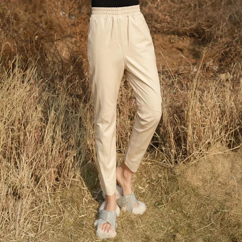 

Women Sheepskin Genuine Leather Pencil Pants New Lady Luxury Real Leather Trousers Elegant Pants Autumn Elastic Waist Streetwear