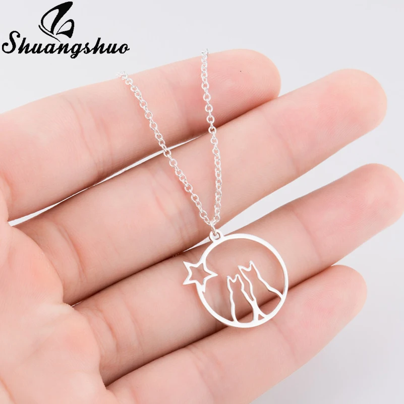 Shuangshuo, ожерелье с кулоном в виде кошки, для женщин, нержавеющая сталь, длинная цепочка, ожерелье, выдалбливают, животное, колье, колье, Женские Ювелирные изделия