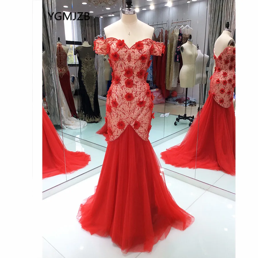 

Elegant Long Evening Dresses 2019 Mermaid Off Shoulder 3D Flowers Beaded Arabic Red Women Formal Prom Evening Gowns For Wedding