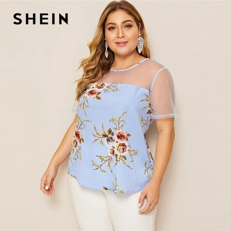 SHEIN Топ С Цветочным Принтом Размера Плюс Плюс Размер Женские Летние Повседневные Блузки С Цветочным Принтом