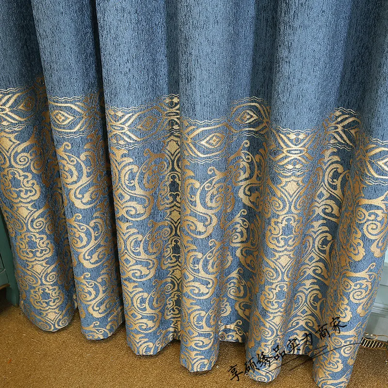 

New Chenille European Embroidered Curtains Customized for Living Room Bedroom Luxurious Atmospheric Landing Window Blue