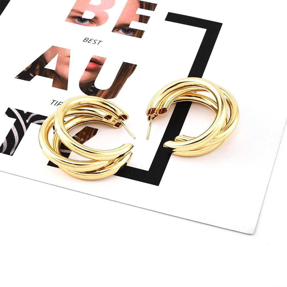 Комплект женских серег гвоздиков из трех толстых колец и сережек серебряного