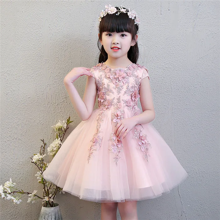 Pink Short Dress Элегантное розовое Тюлевое платье с цветочным узором для девочек на свадьбу с длинными рукавами и аппликацией; детское платье для выпускного вечера; платья для первого причастия; платье принцессы - Цвет: Pink Short Dress