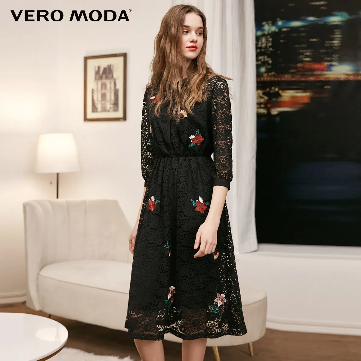 Vero Moda кружевное платье с вышивкой и 3/4 рукавами Вечерние платья | 31837C501 - Цвет: Black