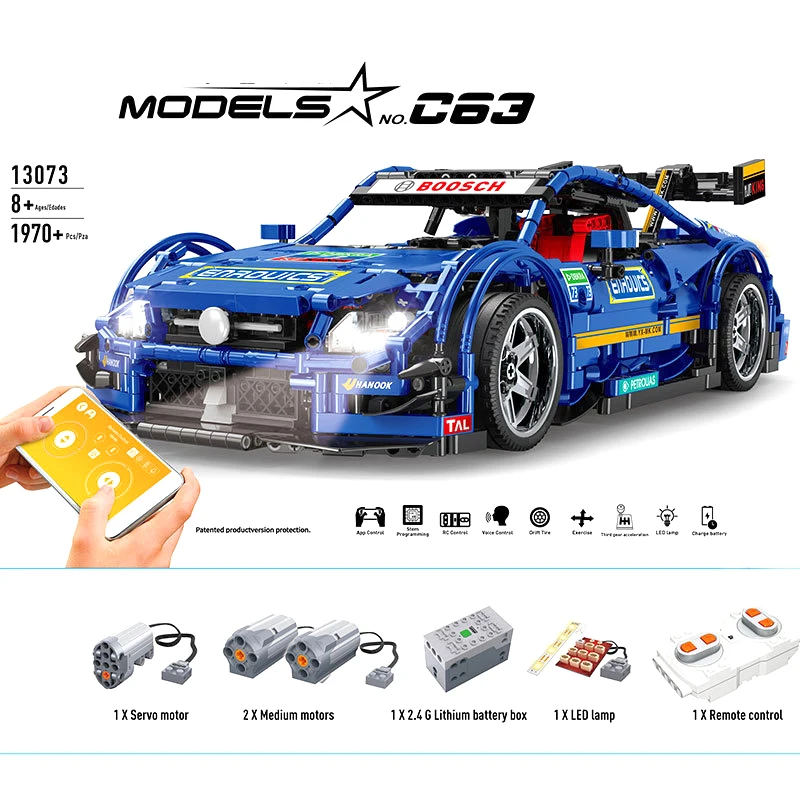 Yuxing assembled building blocks electric remote control blue sports car children enlightenment free DIY spell plug toy