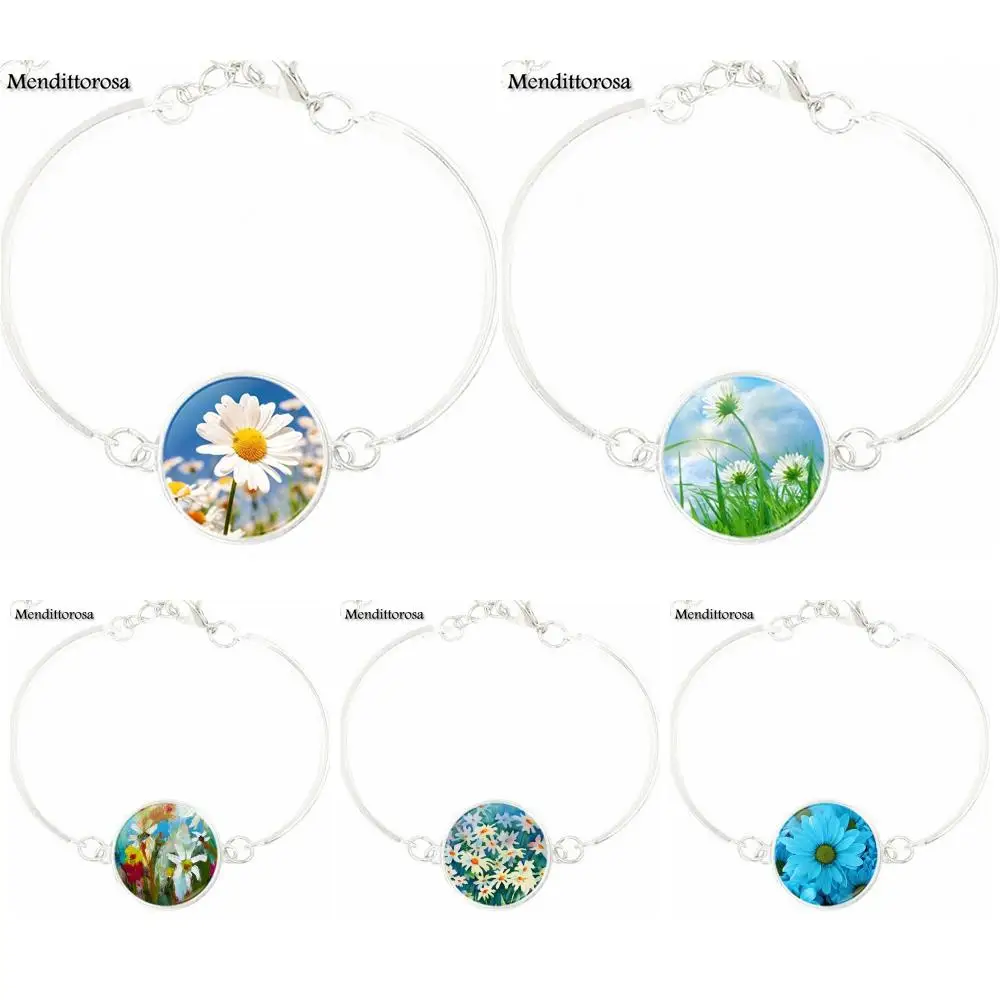 Daisy Fields Art For Child Vintage Jewelry Silver Color Glass Cabochon Yoga Bracelet Bangle | Украшения и аксессуары