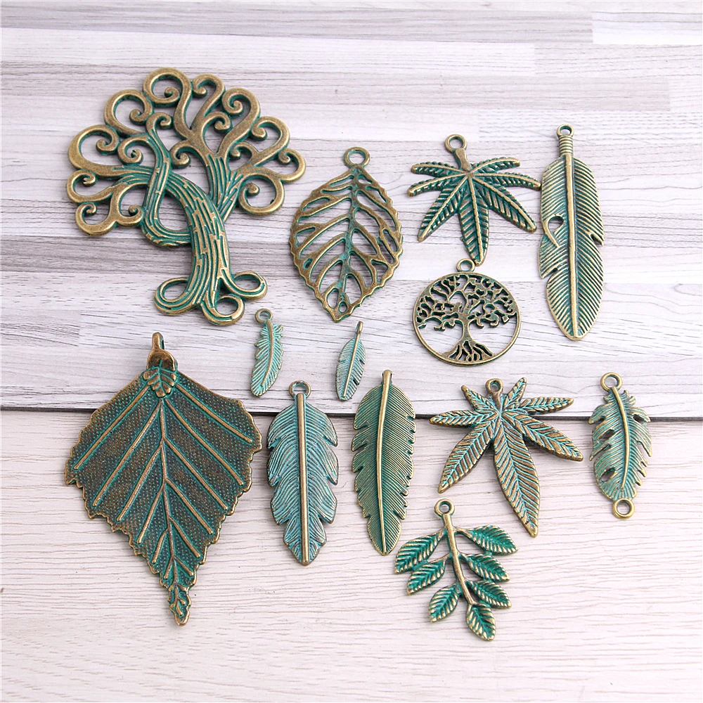 

6pc-100pc Metal Mix Green Bronze Charms Classic DIY Handmade Decoration Leaf feather tree Shape Charms for Jewelry Making D6405