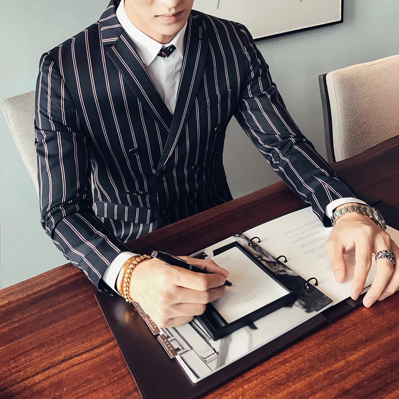 2017 мужские костюмы в полоску костюм двойка двубортные Ternos Slim Fit Smoking Masculino для