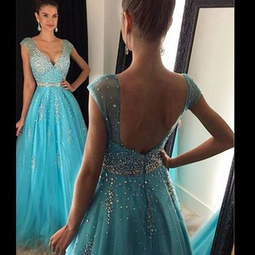 

Robe de Soiree 2019 Evening Dresses V Neck Beaded Sequins Crystal Backless Blue Prom Dresses