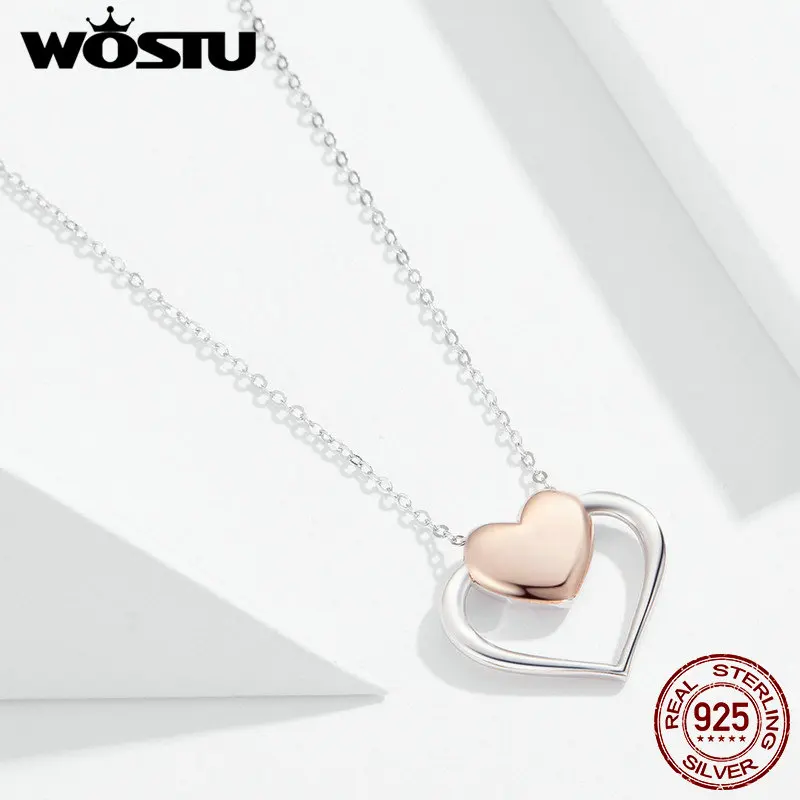 WOSTU, 925 пробы, серебро, розовое золото, ожерелье в виде сердца, подвеска для влюбленных, цепочка для женщин, свадебное, обручальное, ювелирное изделие CTN082