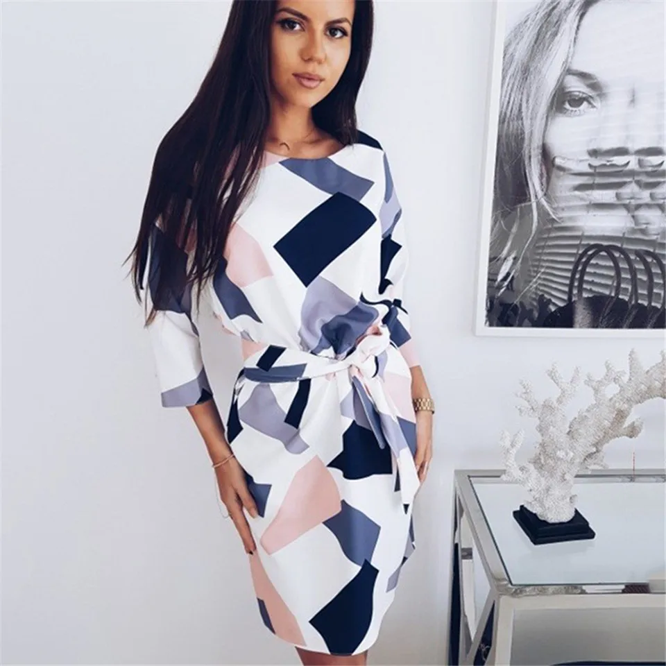 2019 Autumn Straight Women's Dresses Ladies Geometric Printed Sashes Short Dress Three Quarter Sleeves O Neck Casual | Женская