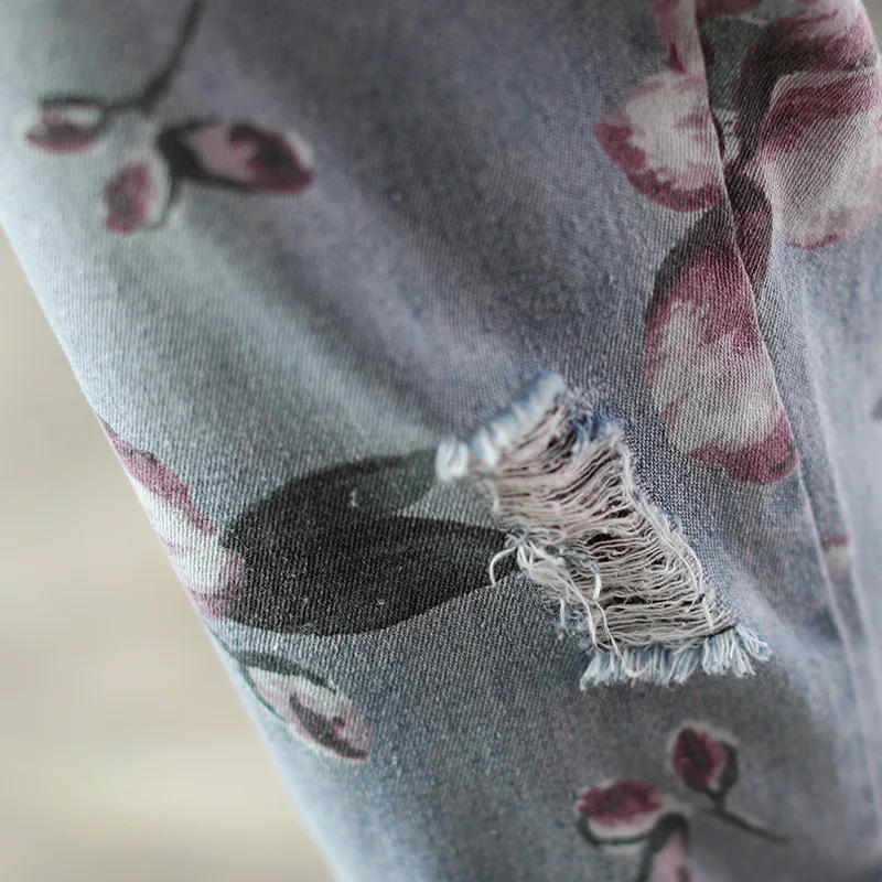 Женские широкие брюки больших размеров летние женские эластичные винтажные повседневные свободные джинсы с высокой талией и цветочным принтом штаны длиной до щиколотки