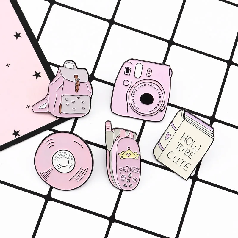 Розовые булавки Рюкзак Книги камера мобильный телефон CD эмаль Pin