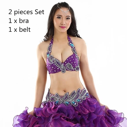 Purple 2pcs Set Профессиональная Одежда для танцев, костюм для танца живота, комплект с бюстгальтером из бисера, чашка B/C, волнистая юбка, египетские женские костюмы для танца живота - Цвет: Purple 2pcs Set