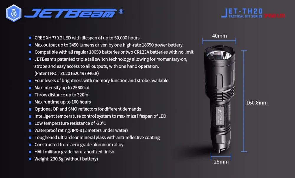 Тактический фонарь JETBeam TH20 светодиодный CREE XHP70.2 светодиодный Макс. 3450 лм дальность луча 320 метров+ 2600 мАч высокая скорость 18650 батарея