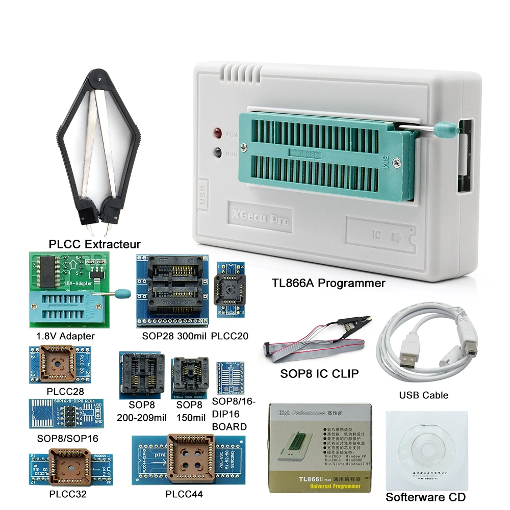 V9.0 TL866II плюс универсальный Minipro программист+ 12 адаптеров+ SOP8 Зажим IC зажим биос Flash EPROM EEPROM