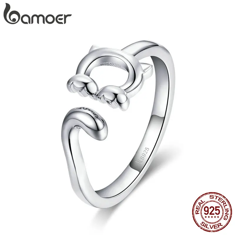 BAMOER, настоящее 925 пробы, серебряное, милый кот, длинный хвост, котенок, киска, регулируемое кольцо для женщин, серебряные ювелирные изделия SCR497