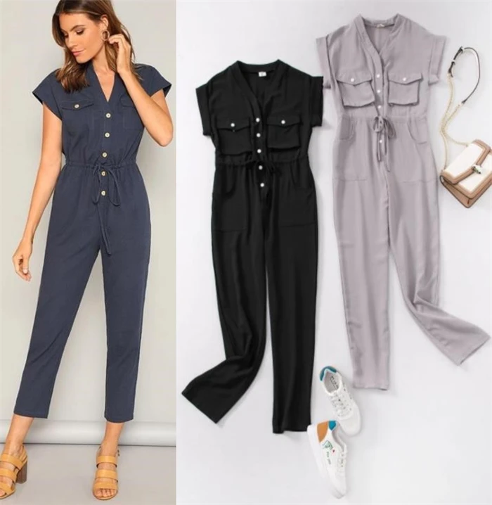 Женский комбинезон с карманами простой однотонный хлопковый на завязках 2019 |