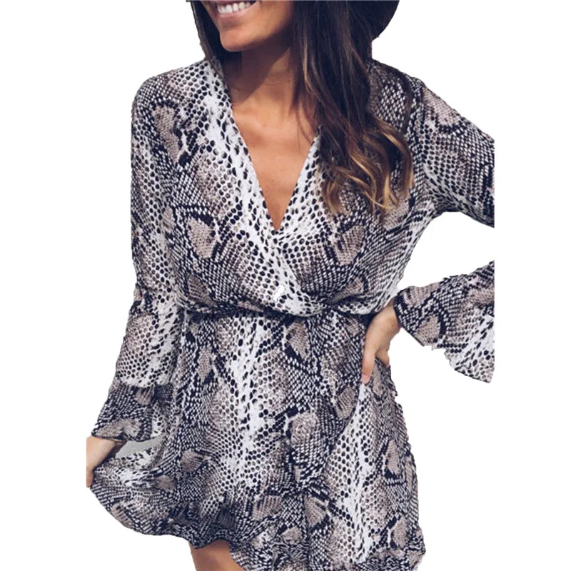 Женское платье с леопардовым принтом модное осеннее оборками и глубоким