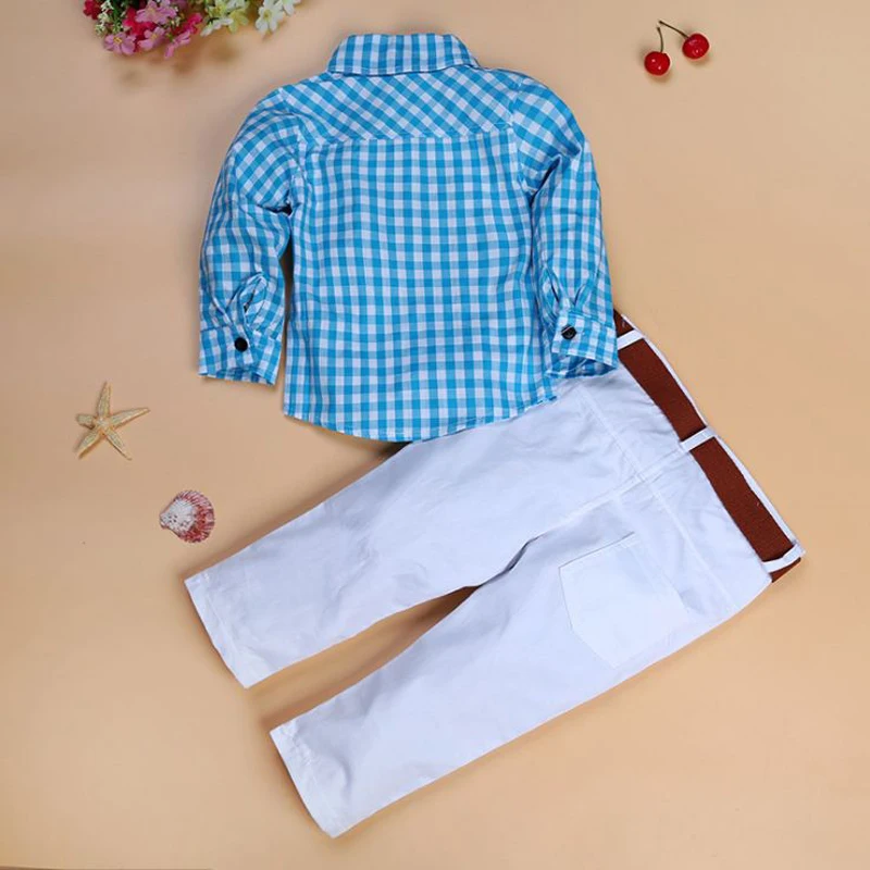 Клетчатая рубашка + штаны белые пояс для детей комплект мальчиков детская одежда