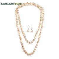 sweater chain sheen semi baroque long necklace triple 120cm hook dangle earring set freshwater pearls pink peach orange color
